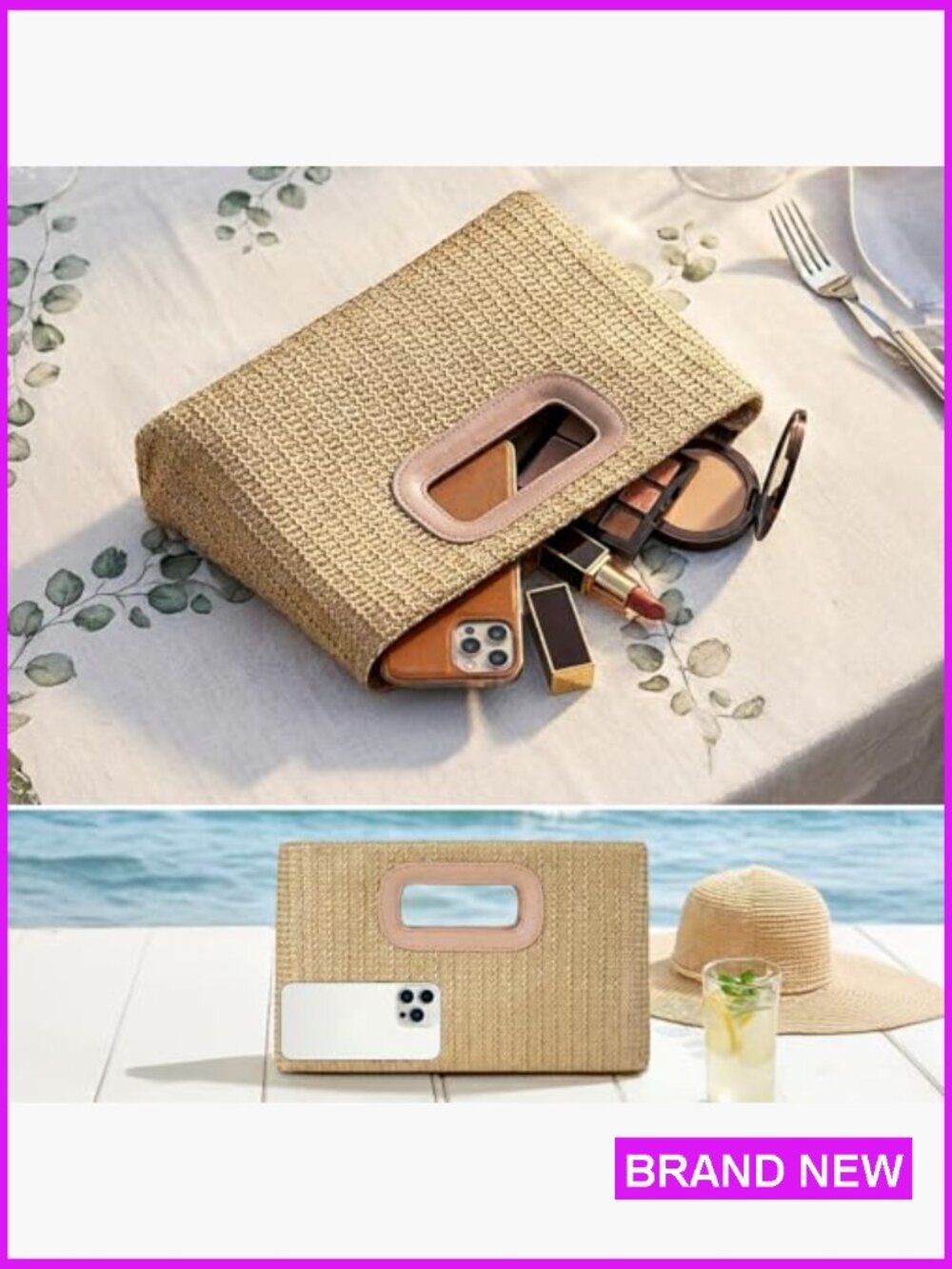 Woven Straw Handle Clutch Evening Bag with Gold Chain Shoulder Strap - Picture 4 of 6